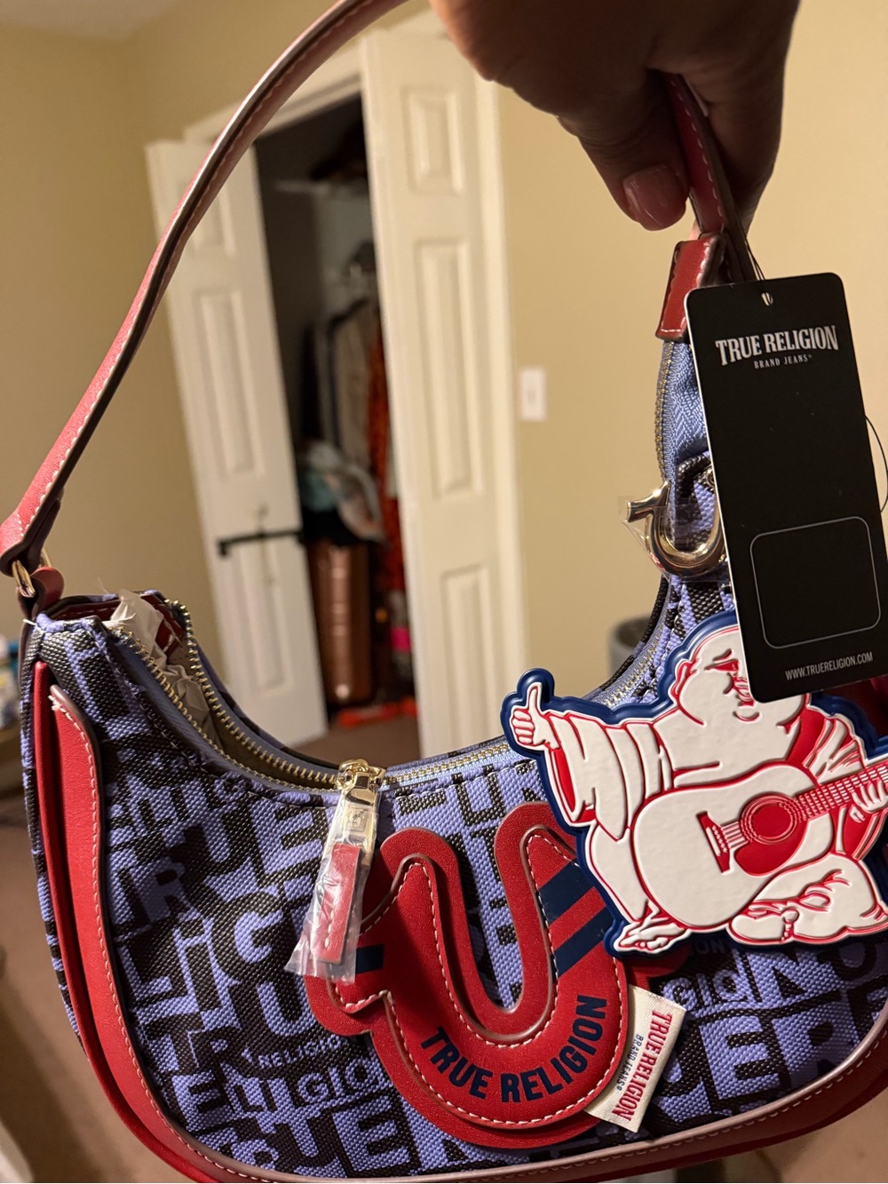 True Religion Horseshoe Blue & Red Logo Saddle Shoulder Bag with charms